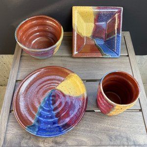 Handmade and Painted Ceramic Plates, Bowl, and Cup